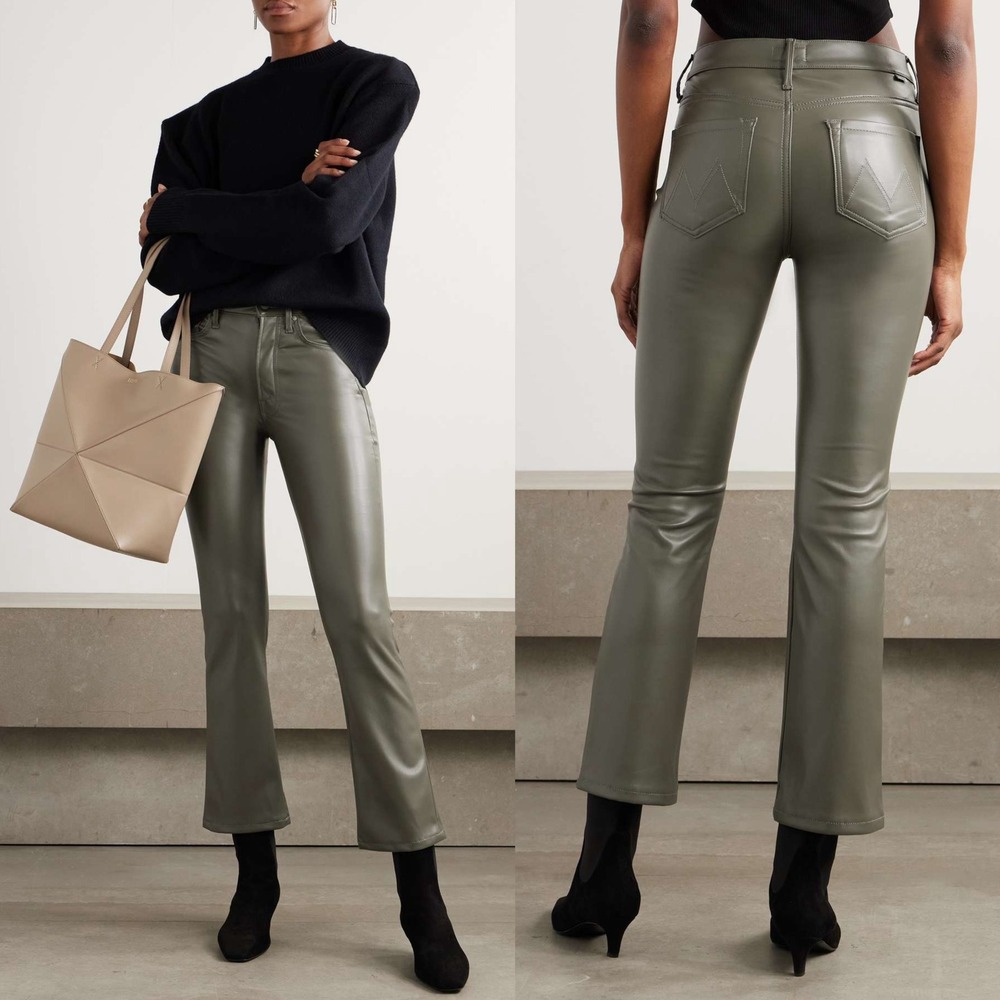NWT Mother Cinder Faux Leather Ankle Pants Sz 32 Olive Bootcut USA Made Chic